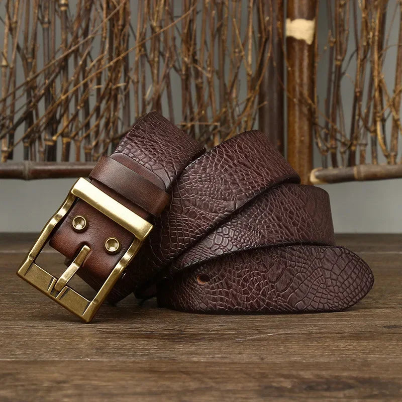 3.8 Wide Pure Cowhide Genuine Leather for Men's High Quality Jeans Brass Buckle Belts Cowboy Waistband Male Fashion Designer