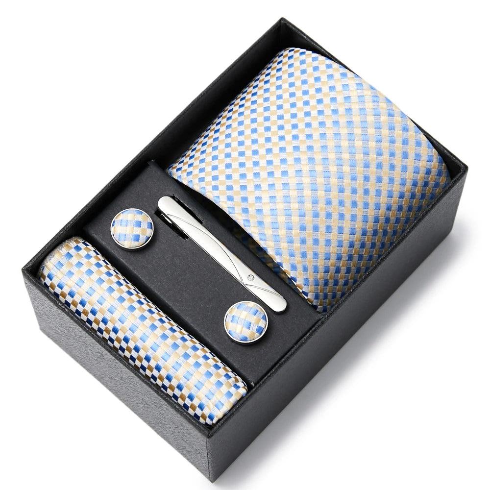 2023 Mode 7,5 cm breite Krawatten-Sets, schwarze Herren-Krawatte, Einstecktuch, Manschettenknöpfe, Krawattenklammer, Box, Hochzeitsgeschenk, handgefertigte Krawatte, Arbeitskleidung