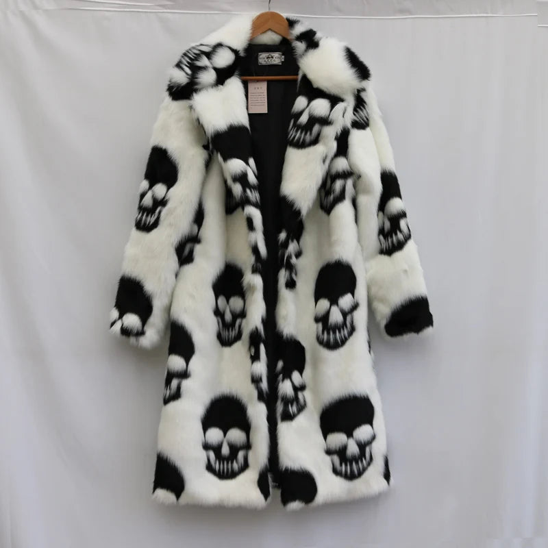 Abrigo largo de piel sintética de visón con cuello de traje para hombre, gabardina con botones, tendencia de personalidad europea y americana con calavera