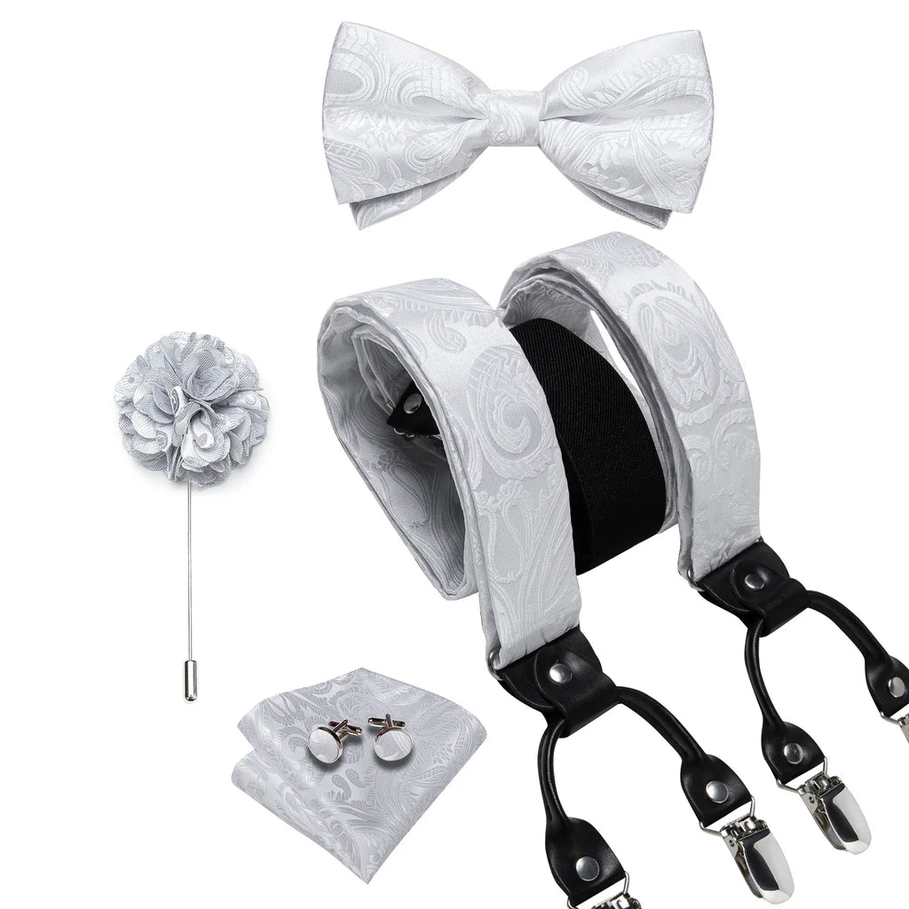 Luxury White Men's Suspenders Adjustable 6 Clips Braces DiBanGu Leather Metal Pre-Tied Bow Tie Brooch Pocket Square Set