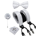 Luxury White Men's Suspenders Adjustable 6 Clips Braces DiBanGu Leather Metal Pre-Tied Bow Tie Brooch Pocket Square Set