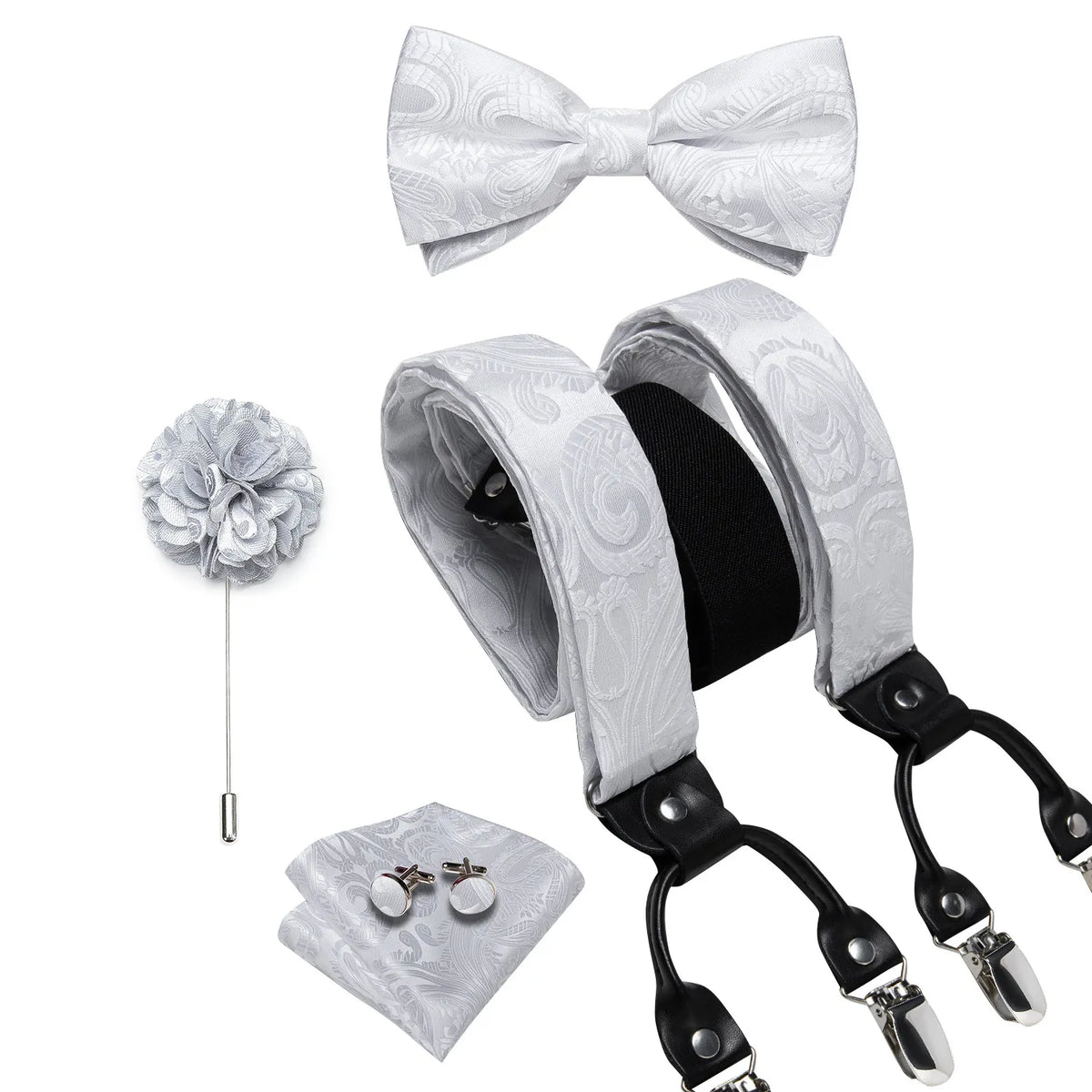 Lyxiga vita hängslen för män, justerbara med 6 clips, DiBanGu läder- och metallset med förknuten fluga, brosch och näsduk