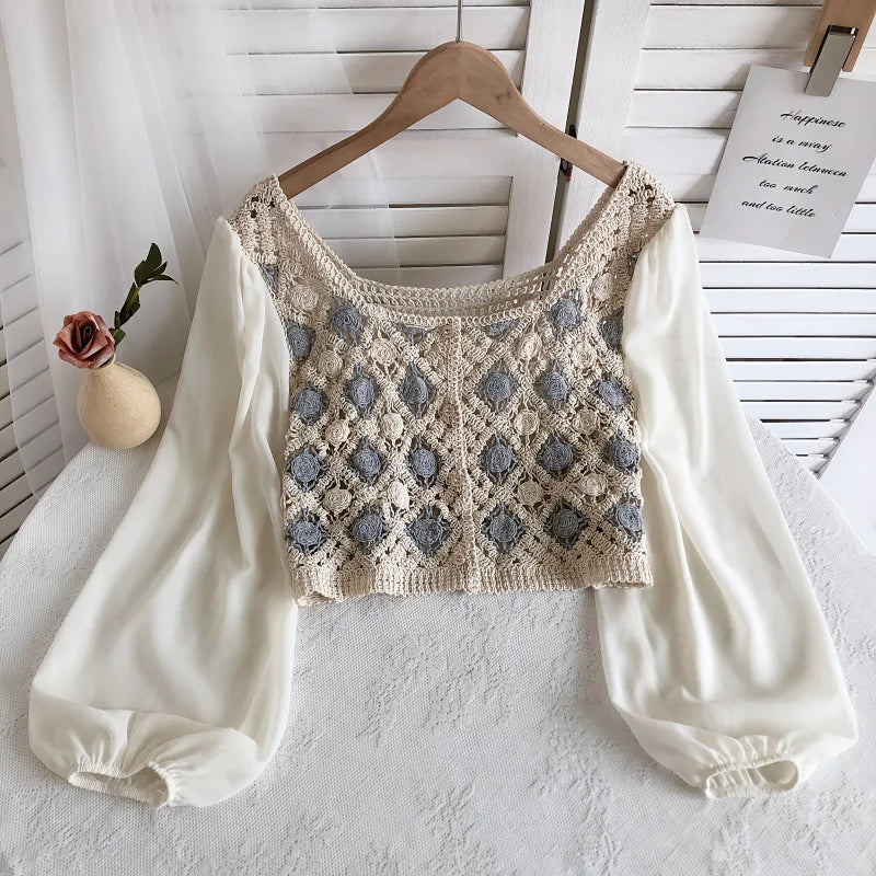 Crochet Top With Chiffon Sleeve Argyle Embroidery Square-Neck Fake Two-Piece Blouse Spring Summer Fairycore Cottagecore