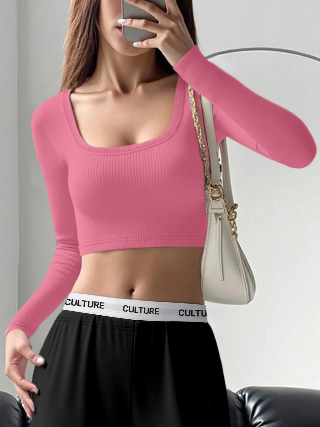 Hip Casual Ribbed Knit Crop Top, Long Sleeve Square Neck Tee for Fairs & Daily Street Wear