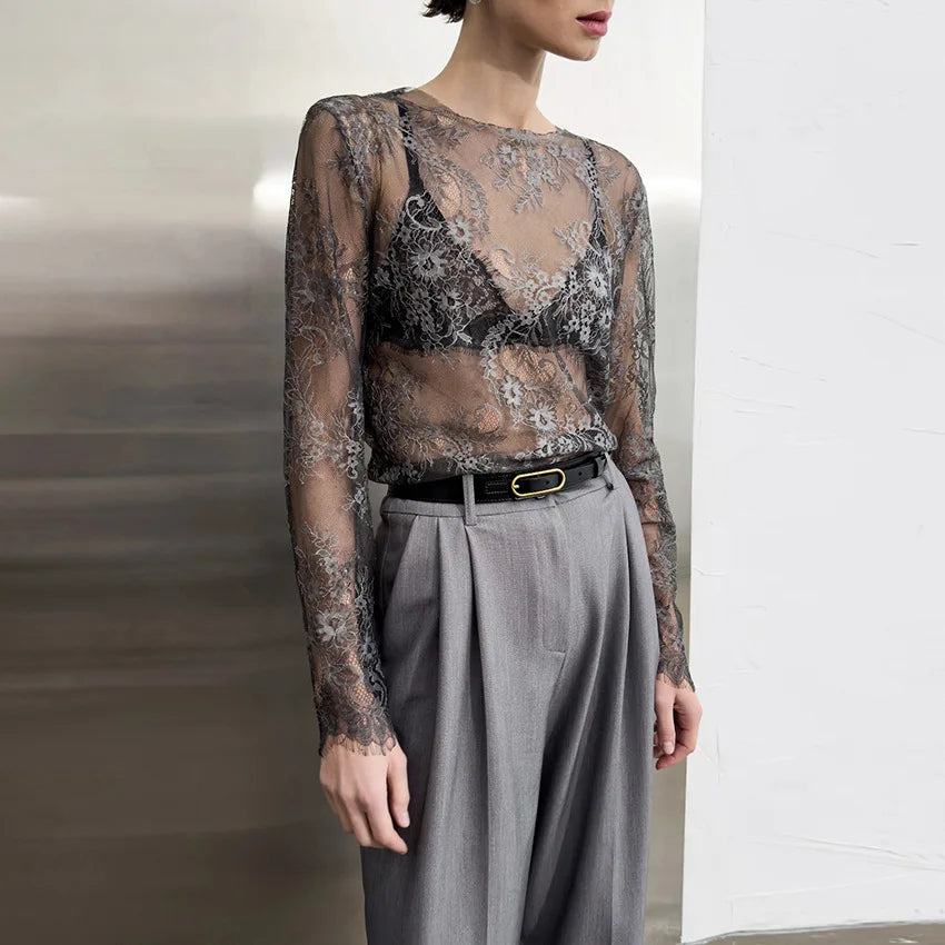 Women's Fashion Elegant Lace Hollow Out See Through Slimming Long Sleeve T Shirt Commuter Versatile Design Niche Mature Wear Top