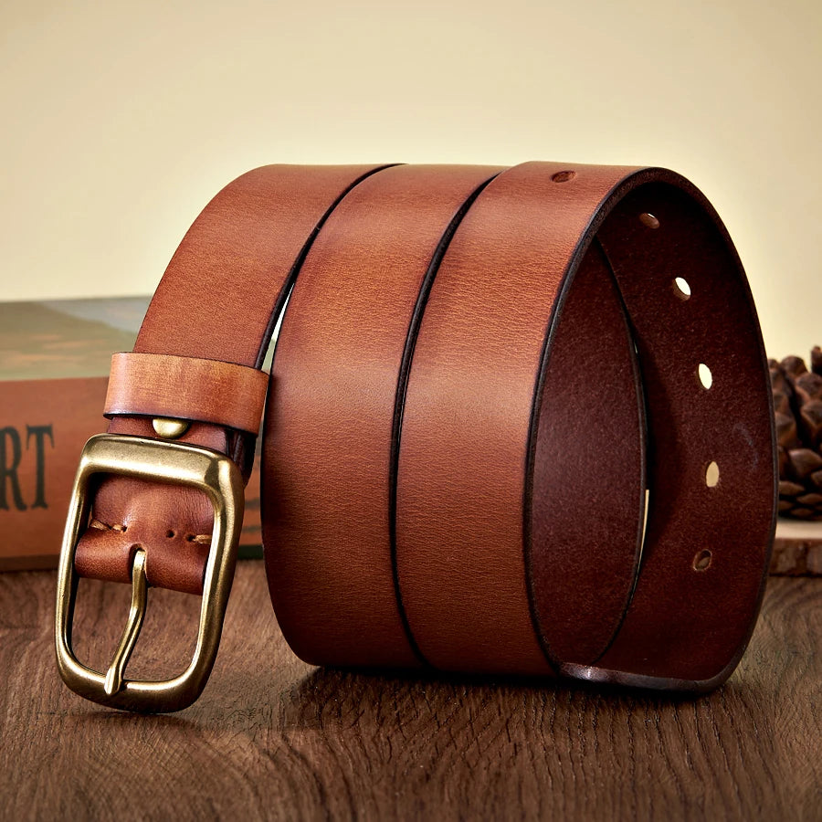 Cinturón de piel de vaca natural de alta calidad de 3,3 cm para hombre, estilo casual, con hebilla de cobre, correa de negocios para vaqueros, cintos masculinos