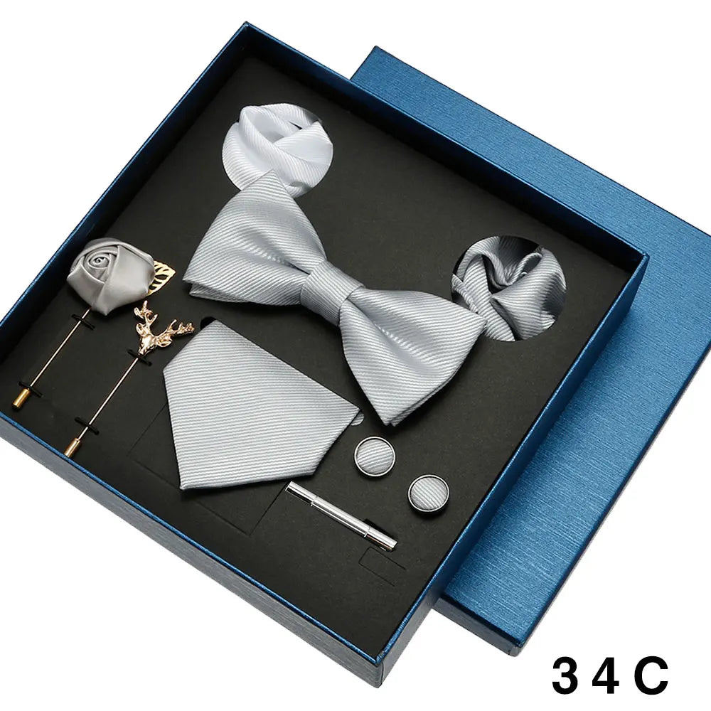 Men Tie Silk Necktie Man Bowtie Hanky Brooches Cufflinks and Tie Clip for Men Accessories Red Burgundy Wedding Tie Gifts Set