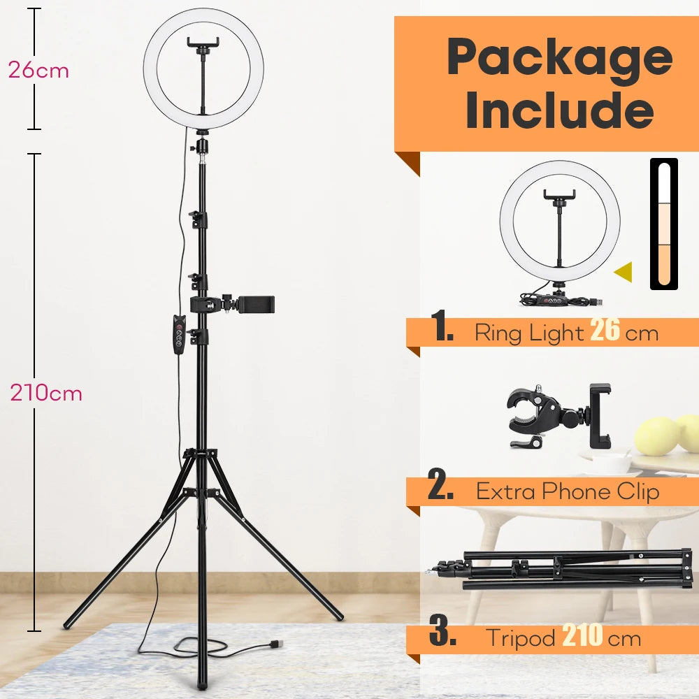 Professional Tripod with LED Ring Light and Phone Holder for Mobile Phones