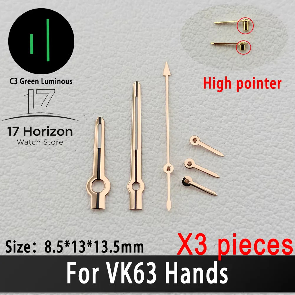 Agujas VK63 de alta calidad, manecillas de carreras para reloj VK63, manecillas de reloj con luminiscencia verde C3, piezas de relojes para hombre con movimiento de cuarzo VK63
