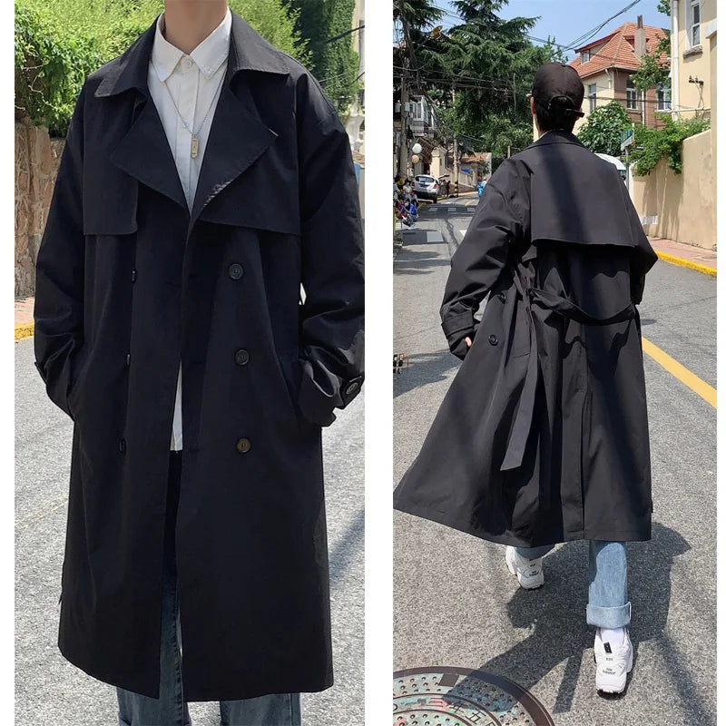 Koreansk stil vår trenchcoat herr streetwear vindjacka trenchcoat män enfärgad business casual lös lång överrock