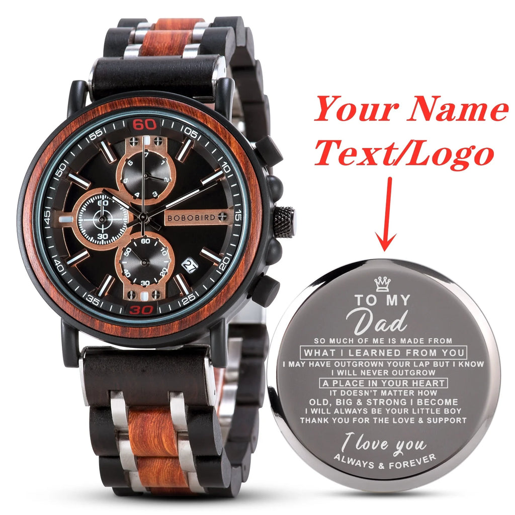 Engraved Wooden Watch Father's Day Custom Your Logo BOBOBIRD Quartz Wristwatch Men Boyfriend Birthday Groomsmen Anniversary Gift