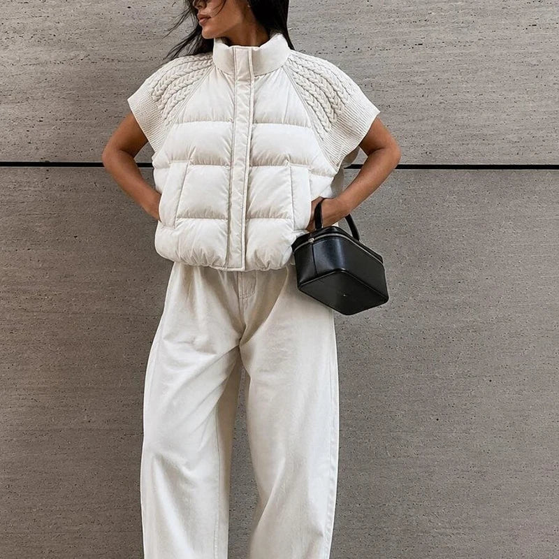 Women's Knitted Splicing Padded Sleeveless Vest with Stand Collar