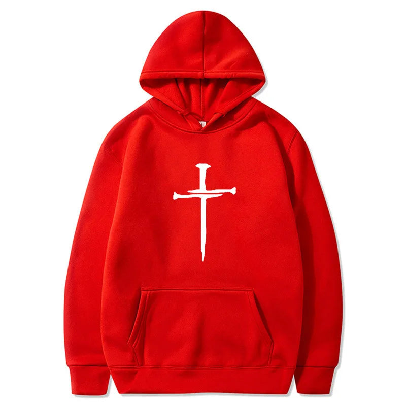Herr-huvtröja med korsgrafik – Svart ledig tröja med religiöst tryck, moderiktigt streetwear för höst/vinter