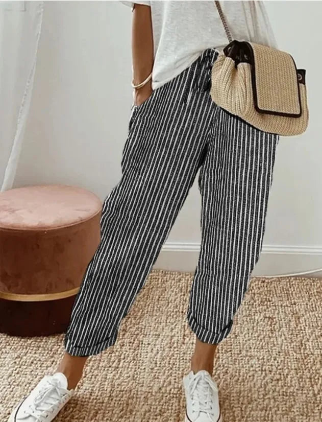 Pantalones casuales de verano para mujer, estilo europeo y americano, de moda, holgados, con estampado de rayas, cintura elástica y cordón