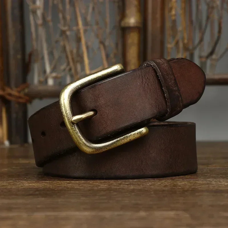Cinturón de cuero genuino de 3.3 cm para hombre, correa de lujo, moda masculina, piel de vaca pura, hebilla de cobre, estilo retro clásico, hebilla de espiga, alta calidad