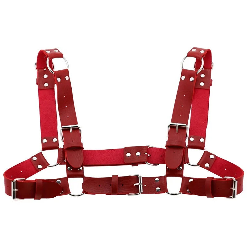 Arnés de pecho punk sexy para mujer y hombre, cadena corporal de metal enjaulado ajustable, gargantilla de cuero sintético, collar llamativo para fiesta y clubwear