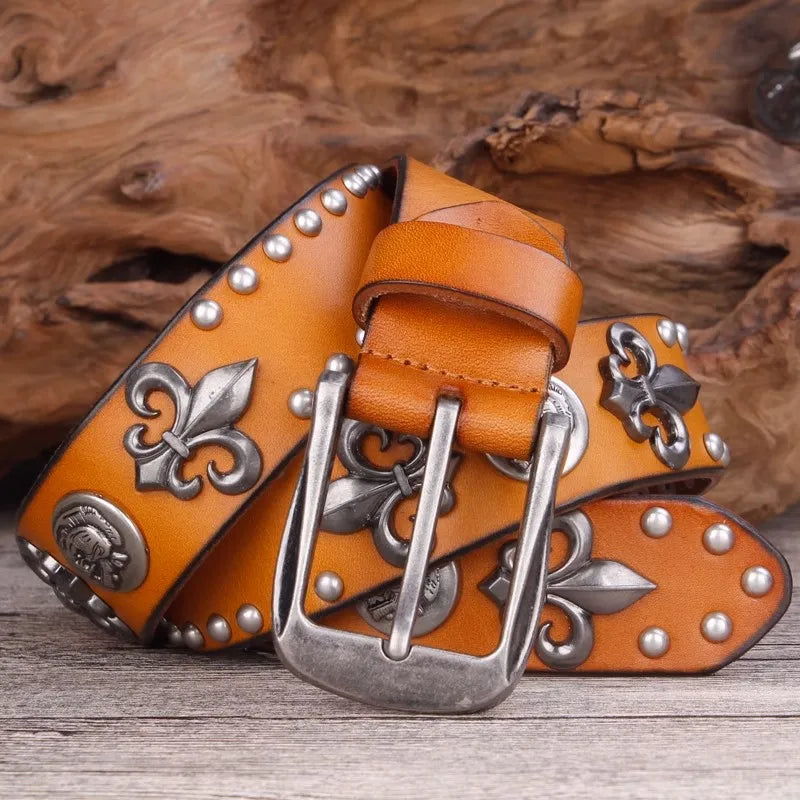 High Quality Metal Rivet Cowboy Belt Top Grain Genuine Leather Cowskin Men Belt Punk Rivet Jeans Belts for Men