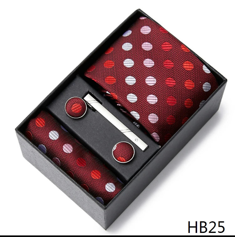 2023 Mode 7,5 cm breite Krawatten-Sets, schwarze Herren-Krawatte, Einstecktuch, Manschettenknöpfe, Krawattenklammer, Box, Hochzeitsgeschenk, handgefertigte Krawatte, Arbeitskleidung
