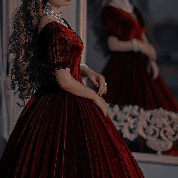 Victorian Red Velvet Dress Custom Made Vintage Gothic Ball Gown