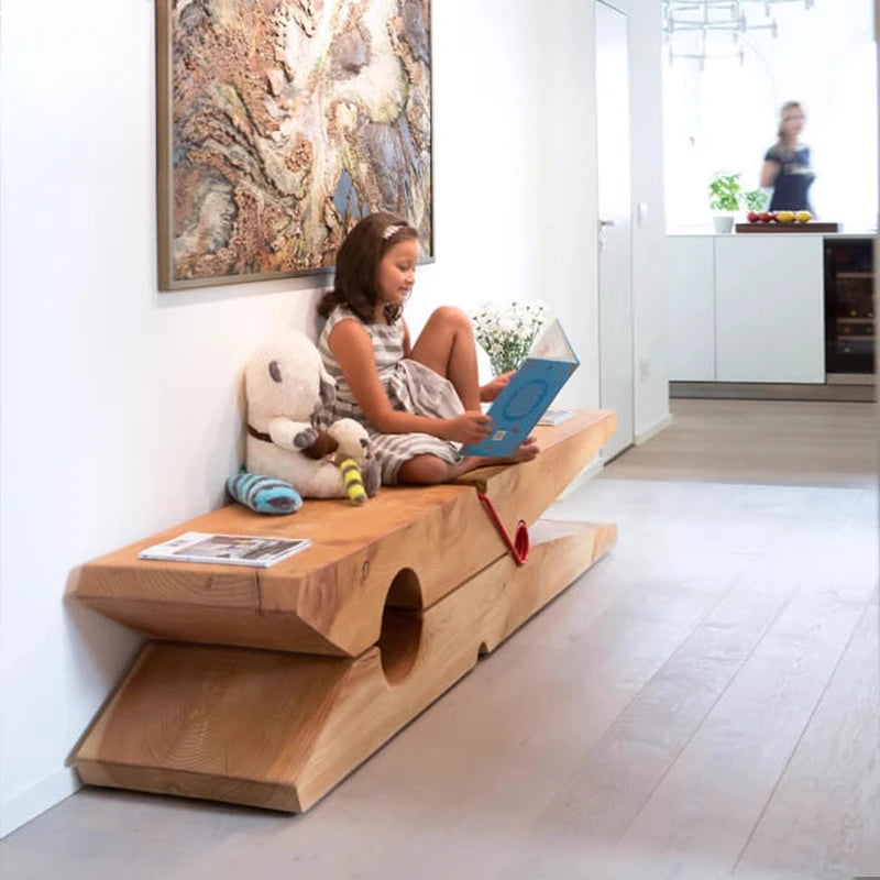 Taburete largo de madera maciza Creative Clip para tiendas de ropa, centros comerciales, descanso y cambio de calzado