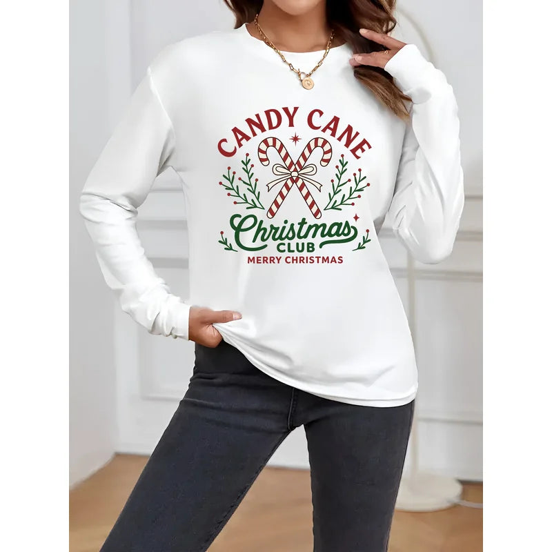 Women's casual long sleeveTShirt，Round collar design，Featuring a festive candy cane pattern print