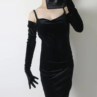 Velvet Gloves 70cm Extra Long Black Opera Female High Elastic Swan Velour Gold Velvet Touchscreen Women Evening Gloves WSR26