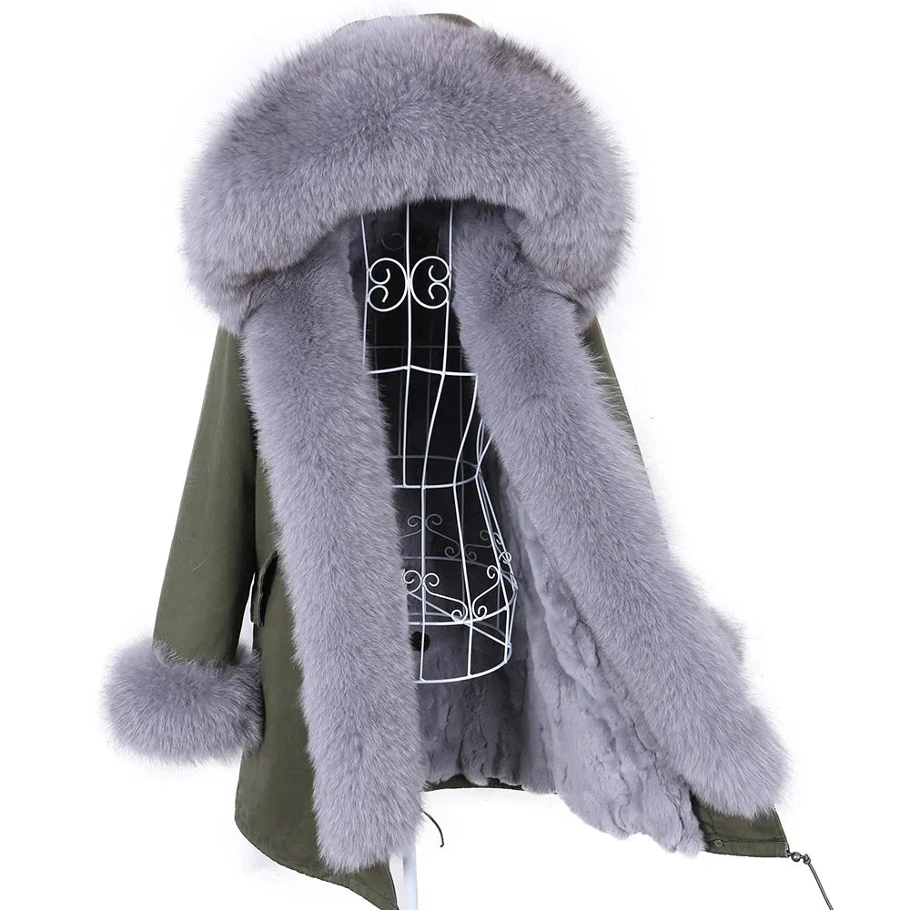 MAOMAOKONG 2026 Removable Real Fox Fur Collar Coats Woman Winter Jacket Hooded Rabbit Fur Lining Long Parkas Female Clothes