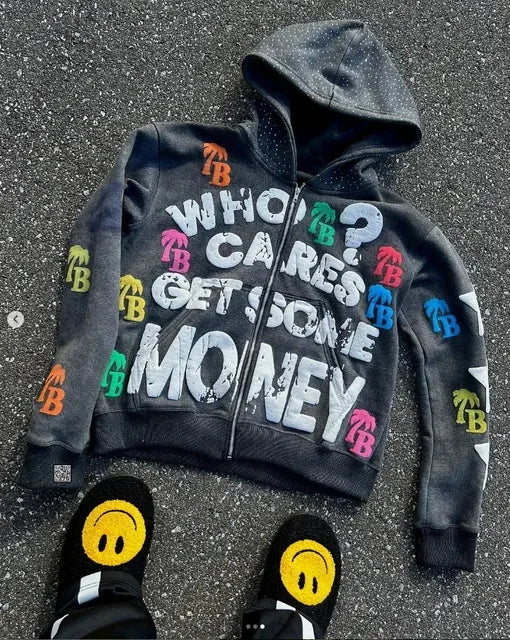 Luźna, wygodna bluza z kapturem w stylu retro Y2K, zapinana na zamek, z modnym wzorem liter, unisex