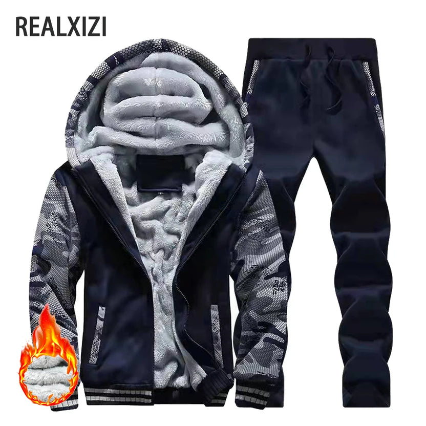 Chaquetas de invierno para hombre, chaqueta gruesa y cálida, ropa deportiva de marca, abrigo, pantalones, color sólido, forro polar, cremallera, con capucha, manga larga, ropa de abrigo masculina
