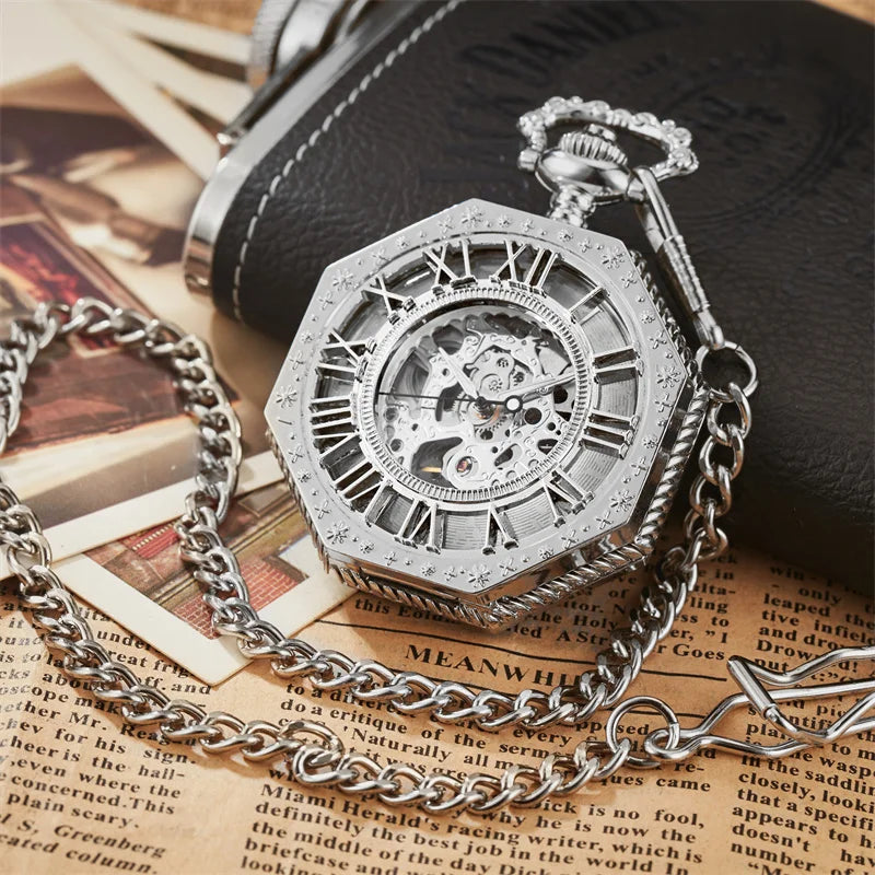 Classic Hexagonal Mechanical Pocket Watch FOB Chain Steampunk Roman Dial Skeleton Gold Hollow Steel Men's Pocket Watch