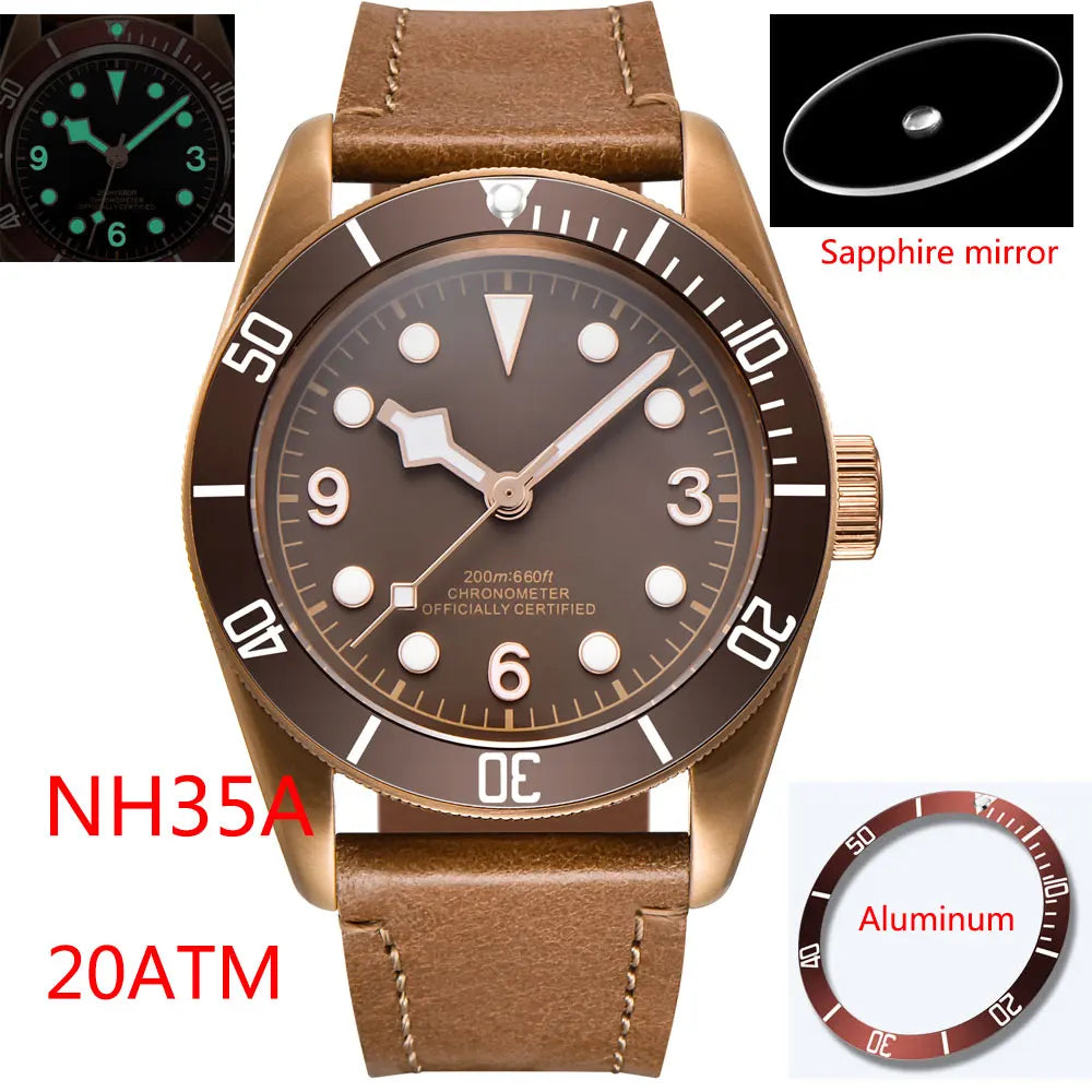 Custom Logo NH35A Miyota Sport 20ATM Watch PVD Coffee Bronze Case Sapphire Glass Luminous Deployant Clasp Deepwaterproof