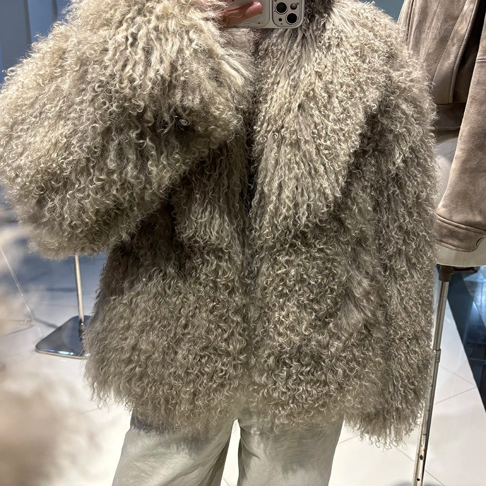 YOLOAgain Women's Real Mongolia Sheep Fur Jacket Dark Brown Sheep Fur Jacket