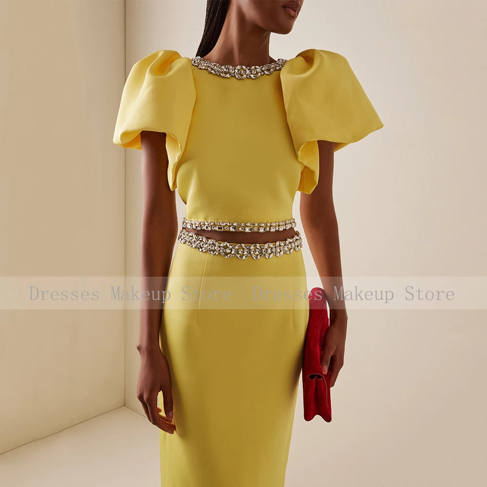 Customized Modern Cocktail Dress Maxi 2 Pieces Crystal O Neck Yellow Prom Gowns for Women Puff Sleeves Column Formal Party Dress