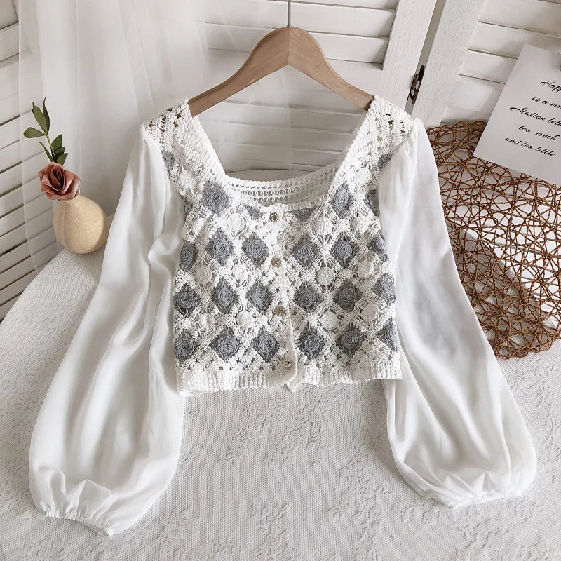 Crochet Top With Chiffon Sleeve Argyle Embroidery Square-Neck Fake Two-Piece Blouse Spring Summer Fairycore Cottagecore