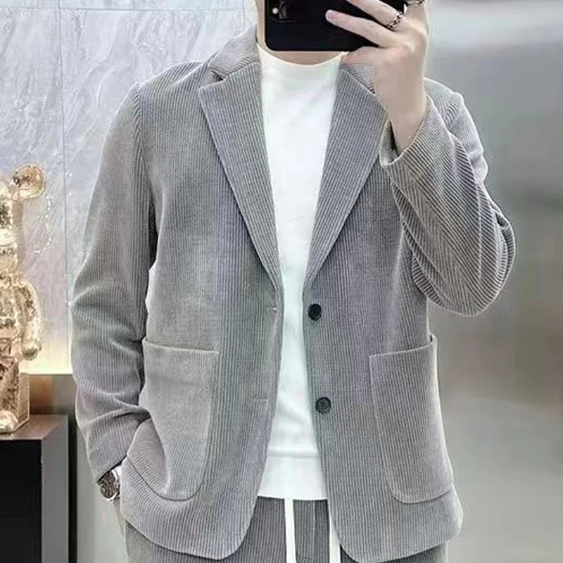 Fashion Suit Men's Spring Autumn Long Sleeve High-End Casual Korean Slim Two-Piece Set Solid Wrinkle Blazer With Lining Outfits