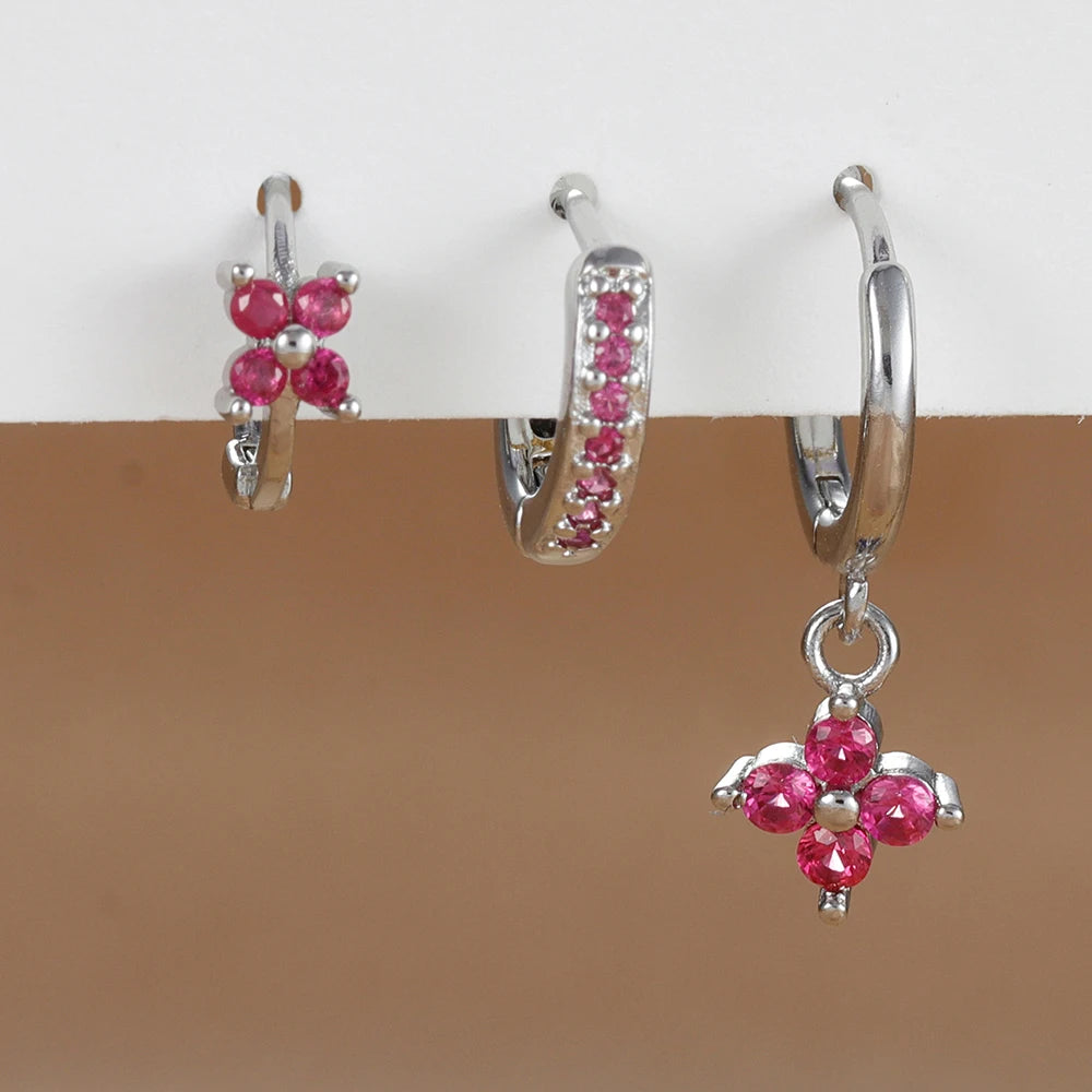 Pendientes de acero inoxidable con forma de flor y circonitas para mujer - Set de 3 piezas