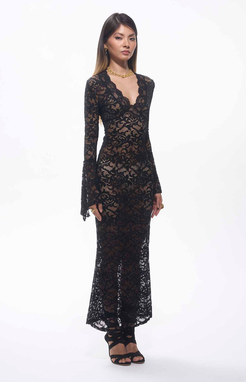 Robe longue Sekna à col en V en dentelle florale noire