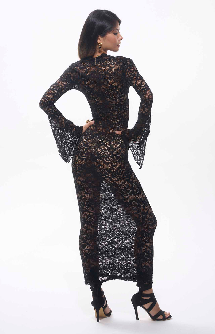 Robe longue Sekna à col en V en dentelle florale noire