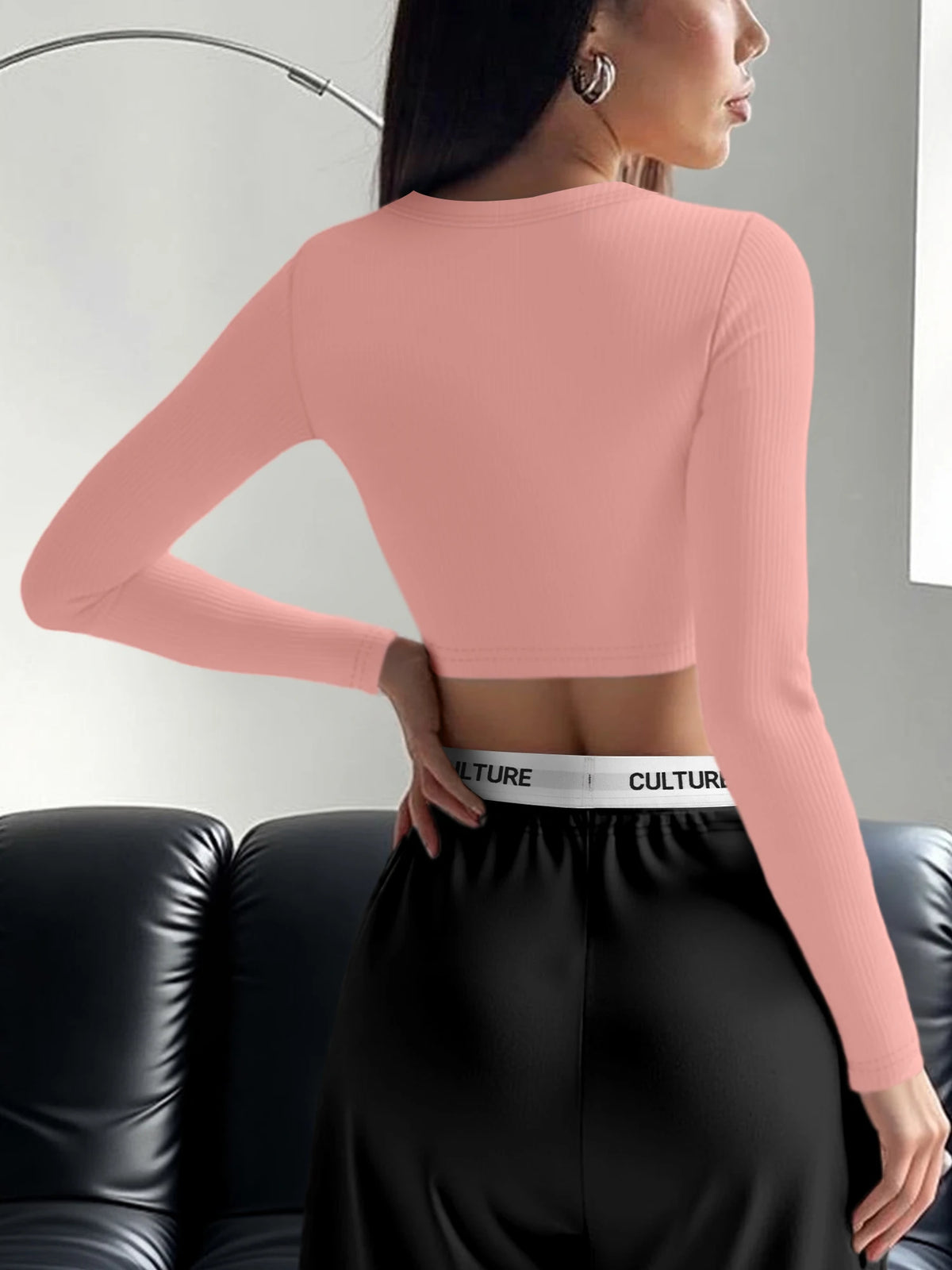 Hip Casual Ribbed Knit Crop Top, Long Sleeve Square Neck Tee for Fairs & Daily Street Wear
