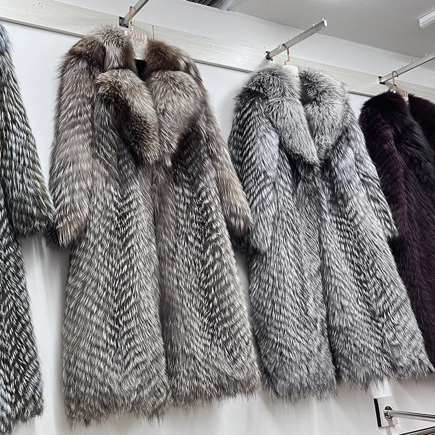 Winter New Ladies 100% Natural Fox Fur Coat With Stripes Long Cardigan Luxury Elegant Plus Size Clothes Coat Can Be Customized