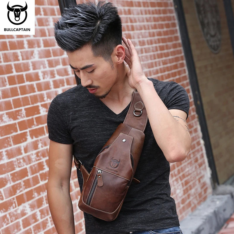 BULLCAPTAIN  Leather Messenger Bags Men's Casual Bag for Men Chest Bag Brand Designer Multi-Function Headphone Jack Chest Pack
