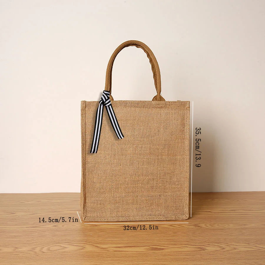 Women's Jute Tote Bag Large Capacity Shopping Bag Travel Storage Bag Open Mouth Men's Handbag