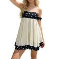 Combhasaki Women's Y2k Polka Dots Bubble Mini Dress with Choker Off Shoulder High Low Ruffle Hem Square Neck Flowy Swing Dresses