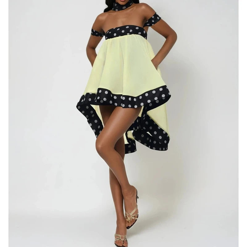 Combhasaki Women's Y2k Polka Dots Bubble Mini Dress with Choker Off Shoulder High Low Ruffle Hem Square Neck Flowy Swing Dresses