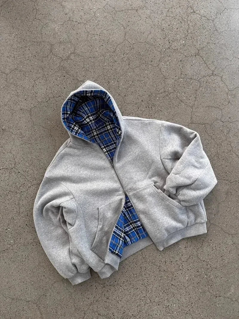 Koreańska moda, prosty szary dwustronny damski rozpinany hoodie oversize Y2K, nowość, Harajuku, gotyk, casual, bluza dla par typu joker