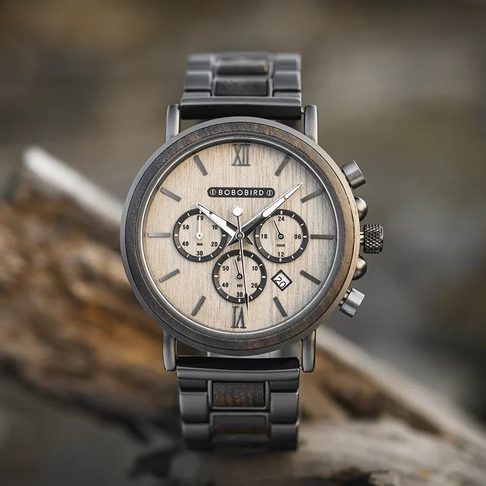 Reloj de pulsera cronógrafo BOBO BIRD para hombre, de madera, cuarzo, con fecha automática, cronómetro, multifuncional, Relogio Masculino personalizado