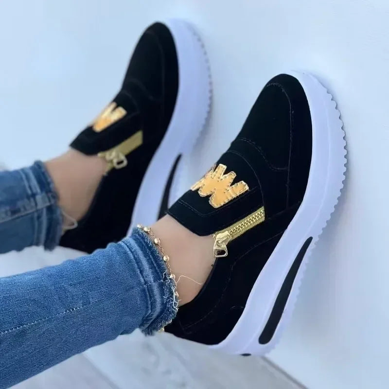 Zapatillas planas de lona con plataforma, sin cordones y con cremallera para mujer