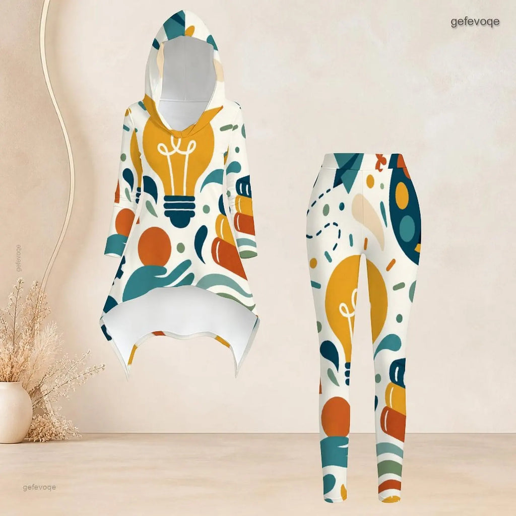 Fashion Women Casual 2 Piece Set Hooded Long Sleeve Hi Lo Asymmetrical Tunic Top Matching High Waist Slim Leggings T Daily Suit