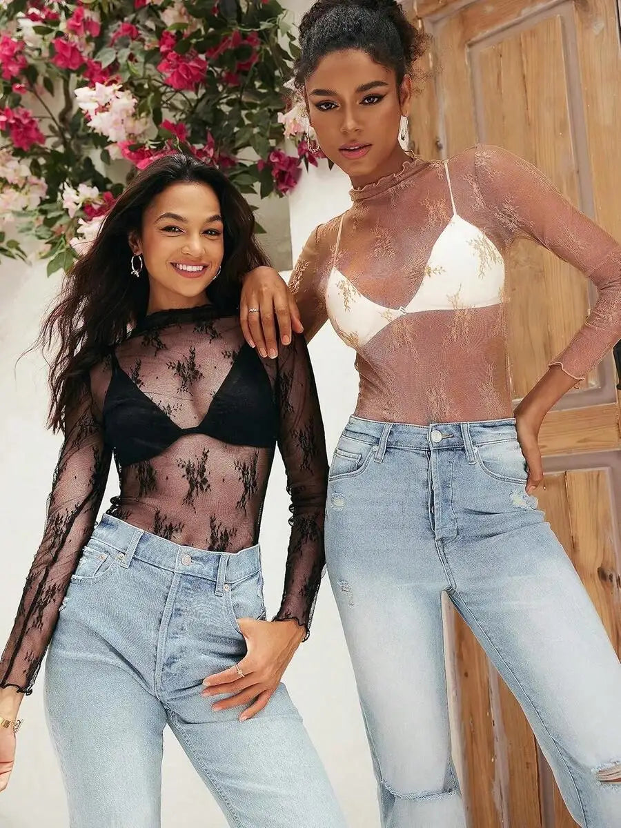 Womens Mesh Sheer Lace Long Sleeve Top Sexy Y2k Mock Neck See Through Shirt Blouses