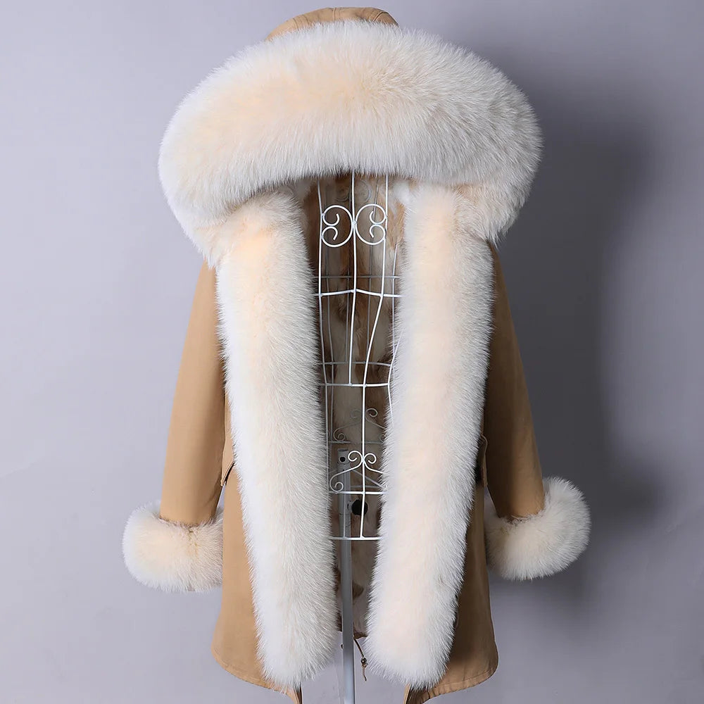 MAOMAOKONG 2026 Removable Real Fox Fur Collar Coats Woman Winter Jacket Hooded Rabbit Fur Lining Long Parkas Female Clothes